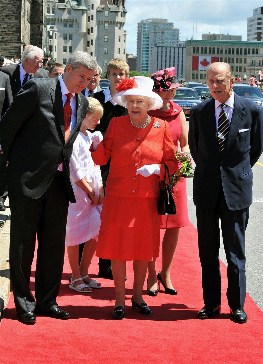 The Queen in the colours of the Canadian flag at the Canada Day celebrations in Ottawa (John Stillwell/PA)