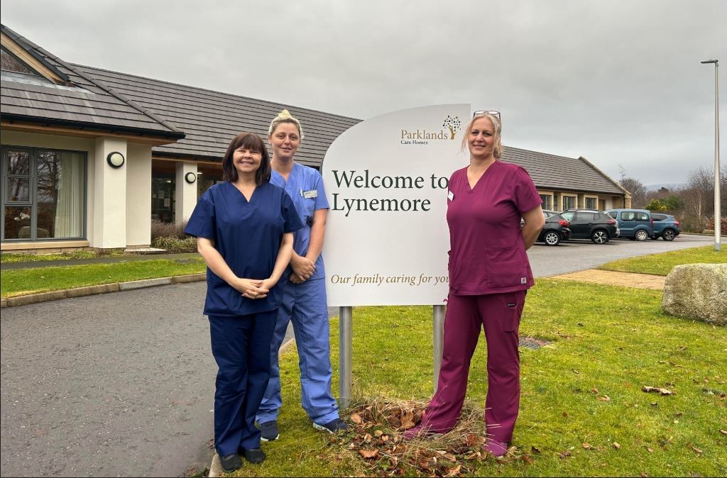 In front of Lynemore Care Home are manager Pamela Cummings, carer Jemma Docherty and shift leader Emmeline MacPherson.