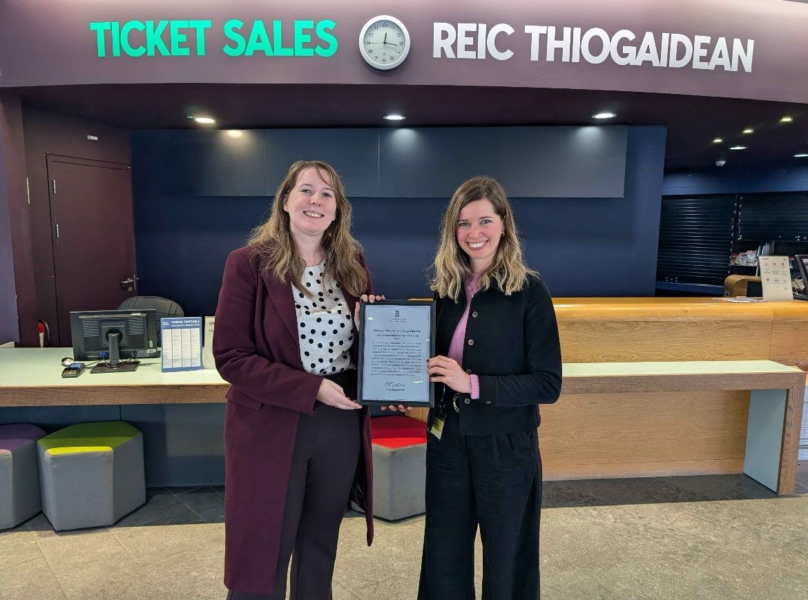 Emma Roddick (left) and Rebecca Holt with a signed certificate the MSP provided marking a motion lodged in the Scottish Parliament in her name, that celebrated the theatre's recent MG ALBA Best Venue Award.