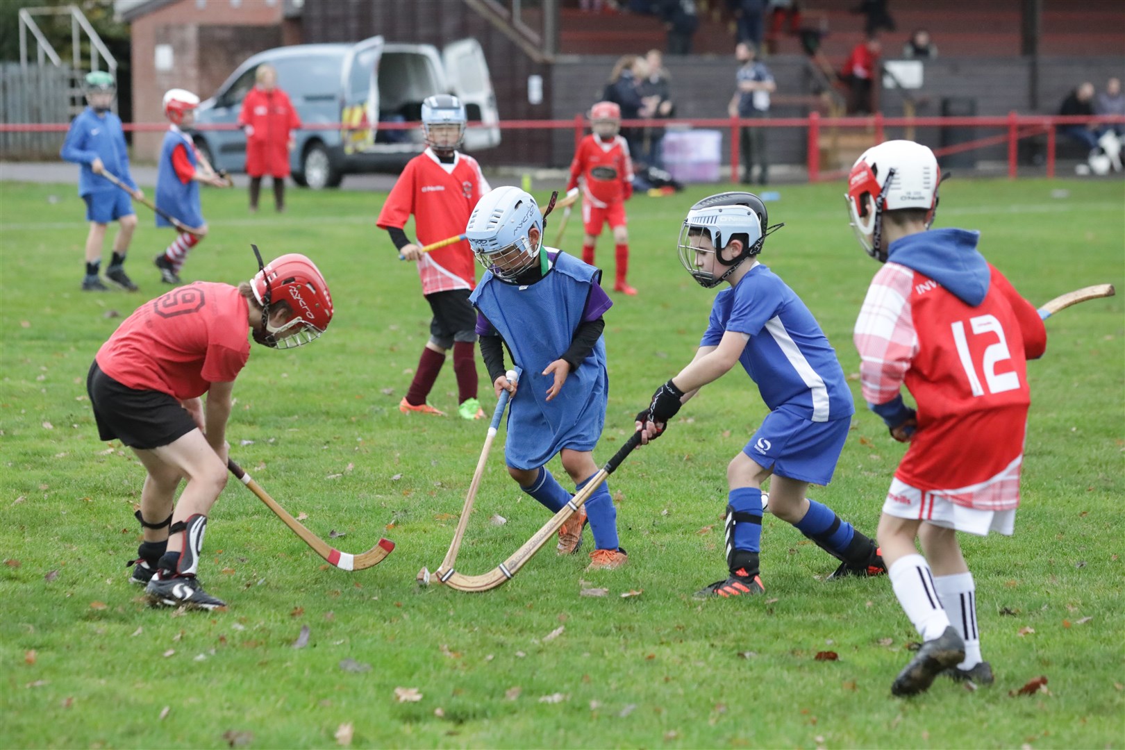 Gaelic Medium shinty Coaching Session taking place prior to the men and women's Mod Shinty Cup matches at Bught Park Inverness at The Royal National Mòd 2021 in Inverness, Scotland