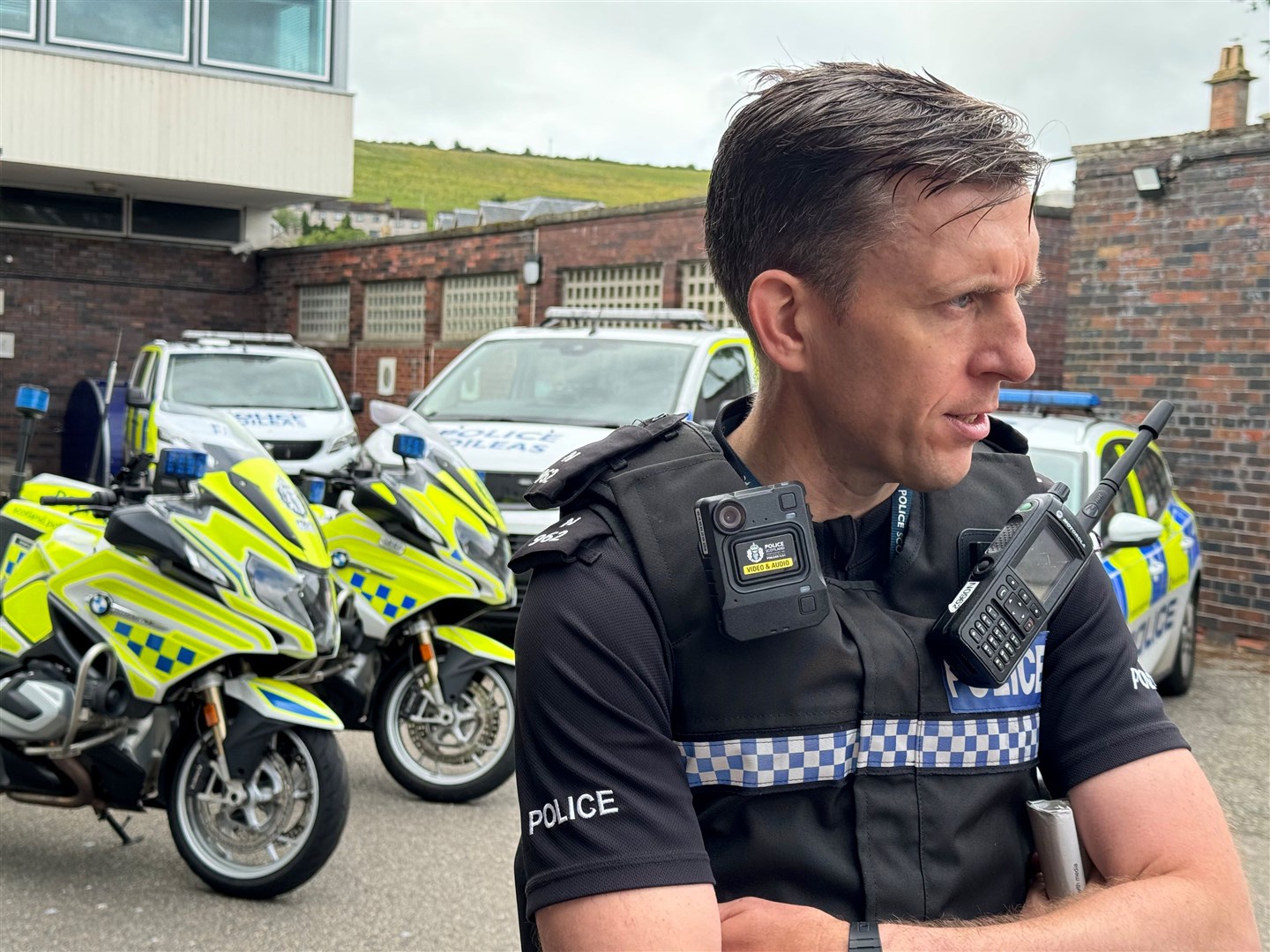 PC Dan Sutherland wearing the new body worn video camera at Dingwall Police Station. Picture: Georgia Smyth