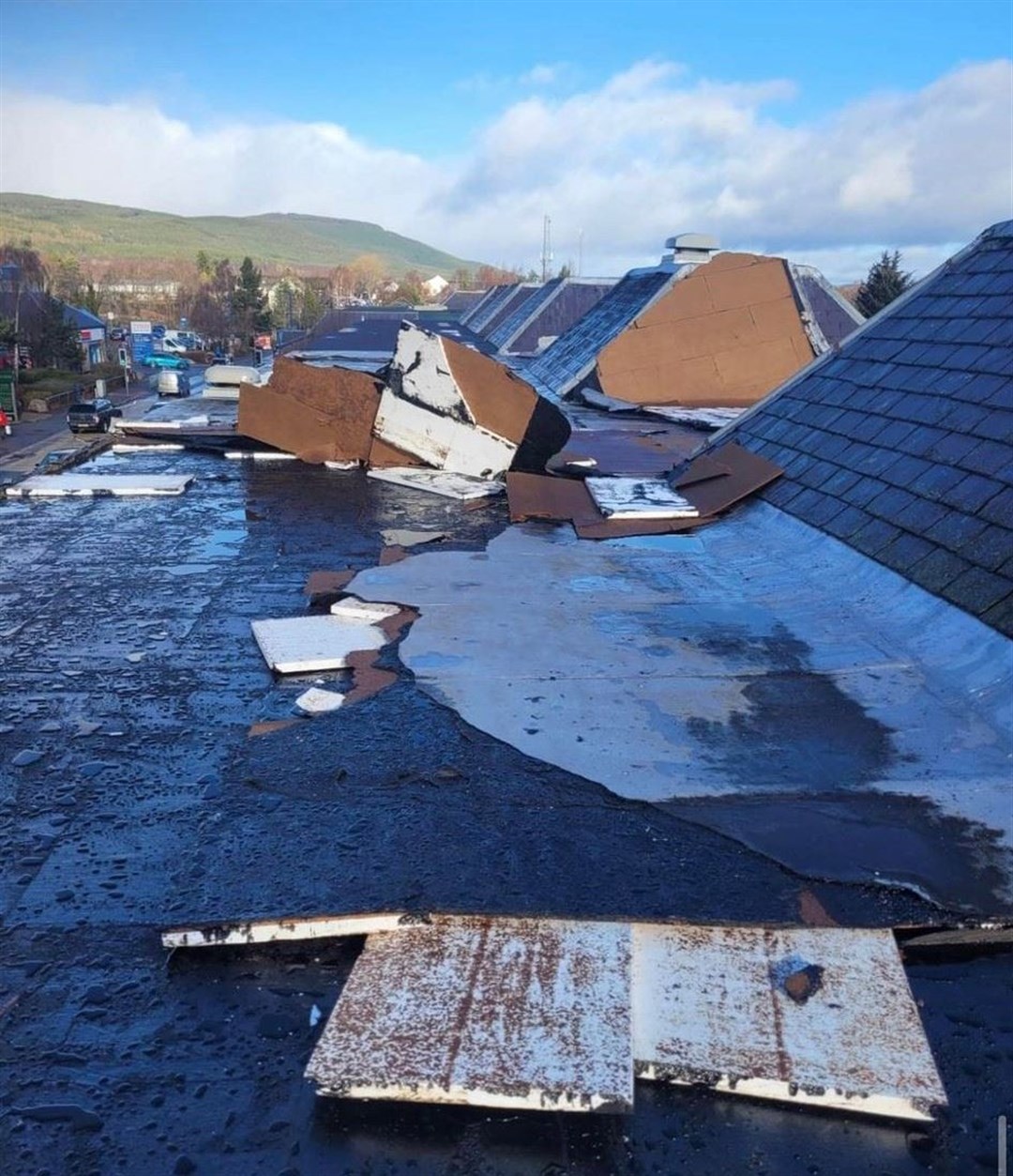 Plundered: Storm Otto's effect on the roof of Aviemore Gift Company