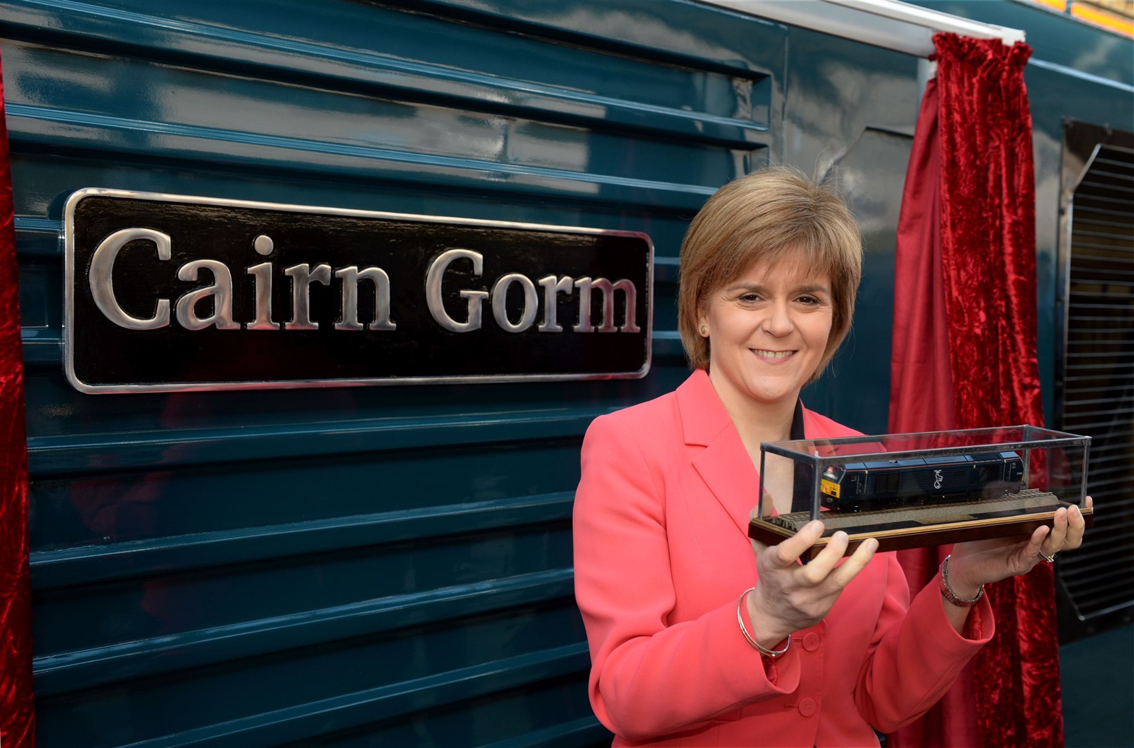 Nicola Sturgeon was presented with a souvenir model of the train she unveiled...Picture: Gair Fraser . Image No..
