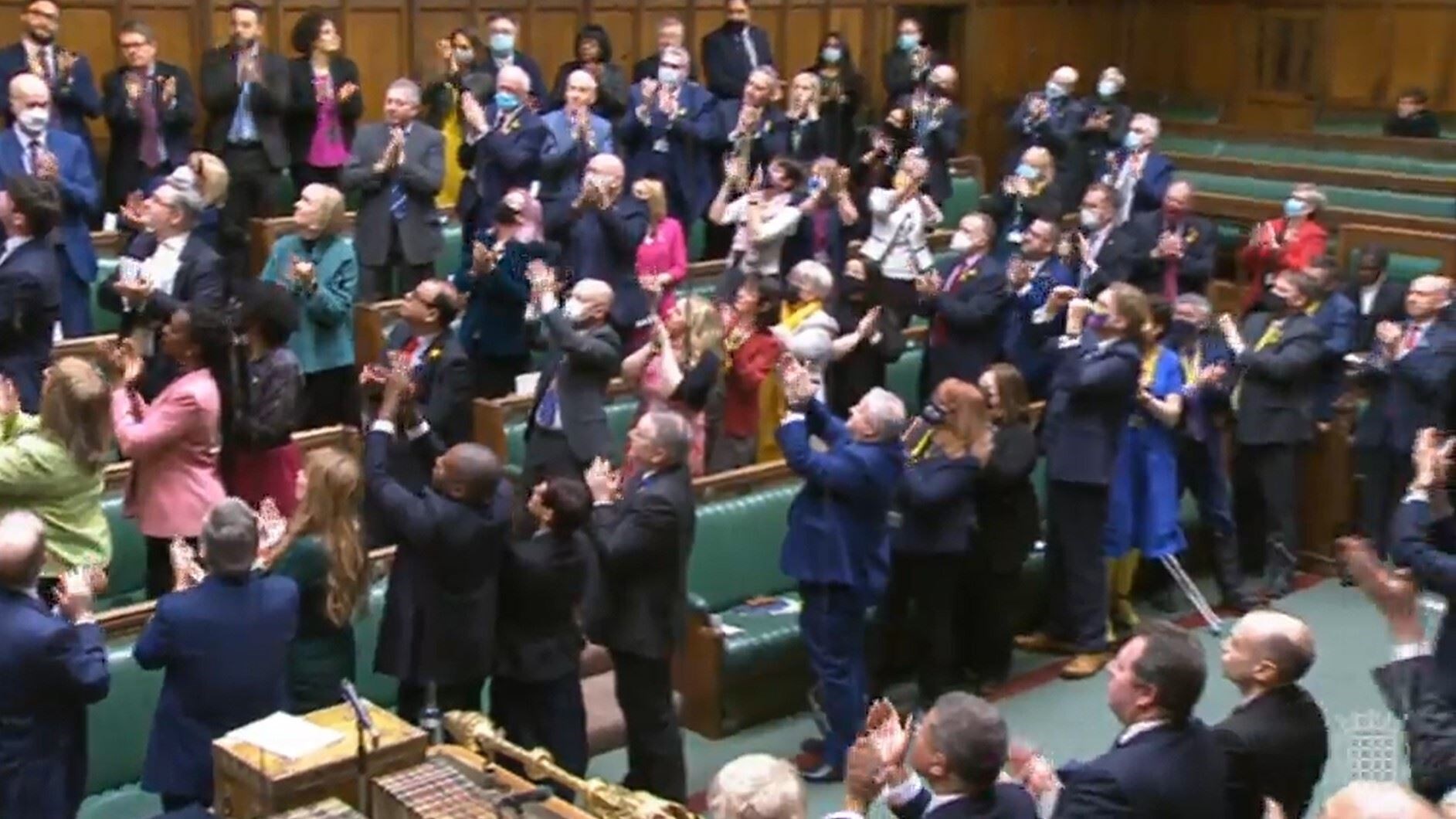 MPs give a standing ovation to Ukrainian ambassador to the UK Vadym Prystaiko, who was sitting in the public gallery (House of Commons/PA)