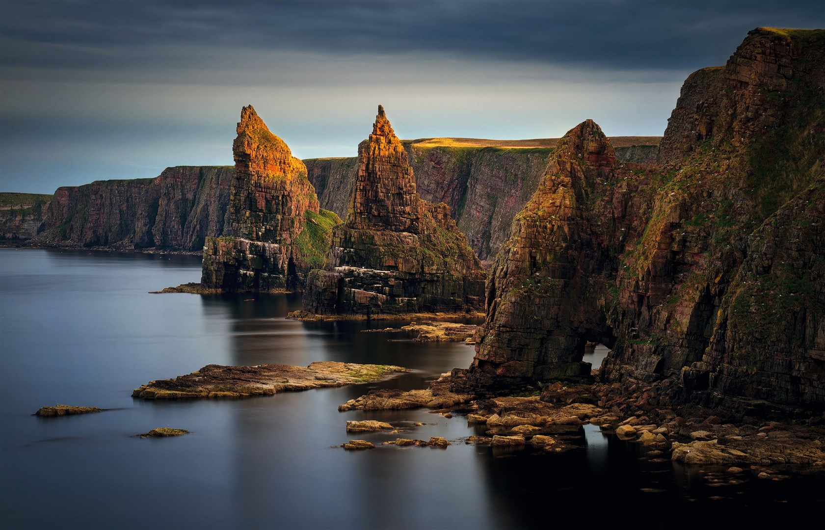 Duncansby Head's cliffs in sunset light, Caithness.