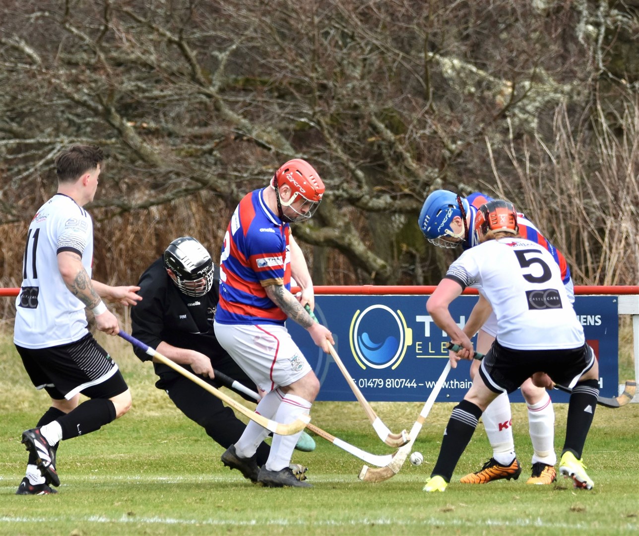 A stramash during the Kings 5-2 win over Lovat at the Dell. Picture: Fiona Young.