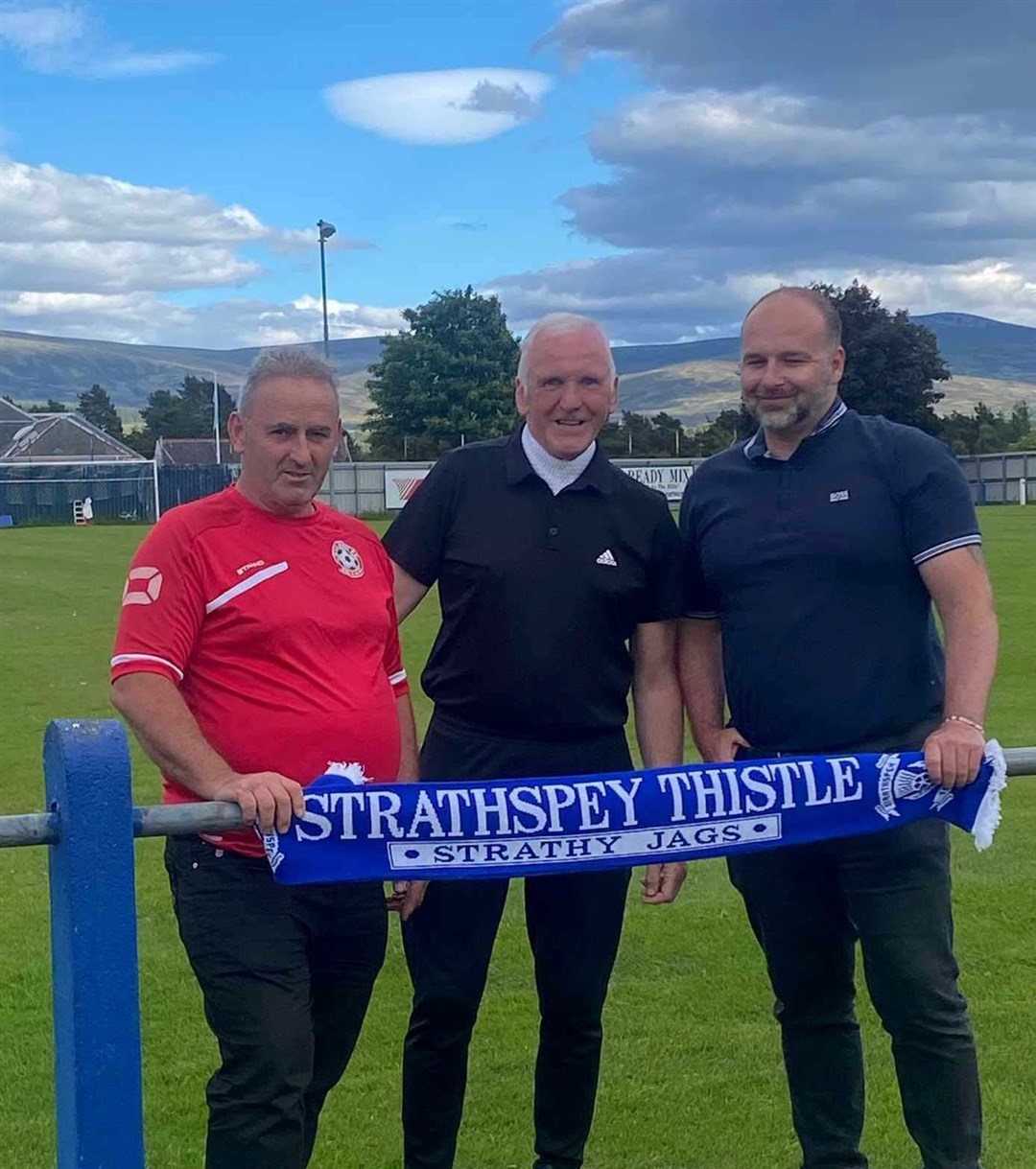 Balloan FC chairperson James Fraser, Strathspey Thistle manager Bobby Beckwith and Strathspey Thistle director of football Fraser Tulloch.