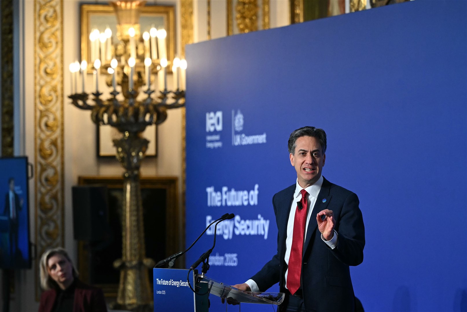 Ed Miliband at Lancaster House, London, speaking to open the international summit on the future of energy security (Justin Tallis/PA)