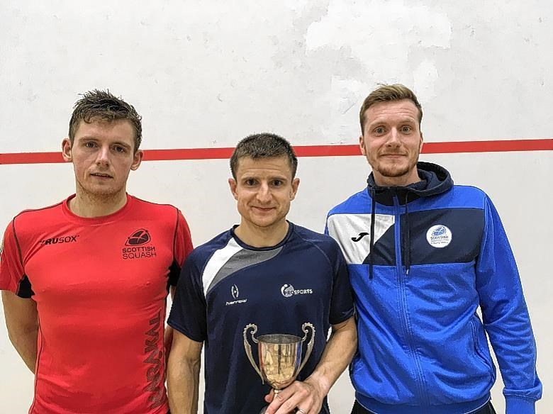 Eight-time Scottish champion Alan Clyne (centre) with this year’s runner-up Greg Lobban (left) and bronze medallist Stuart George.