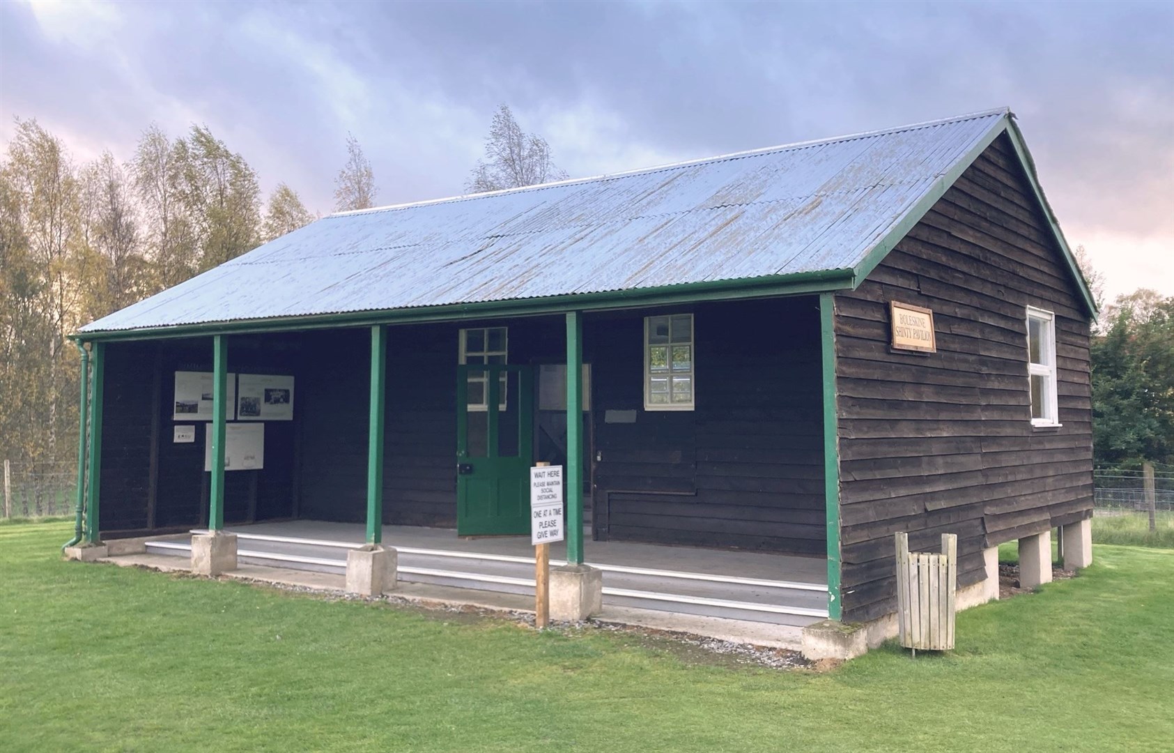 The outside of the Boleskin Shinty Pavilion which dates back to the 1930s.