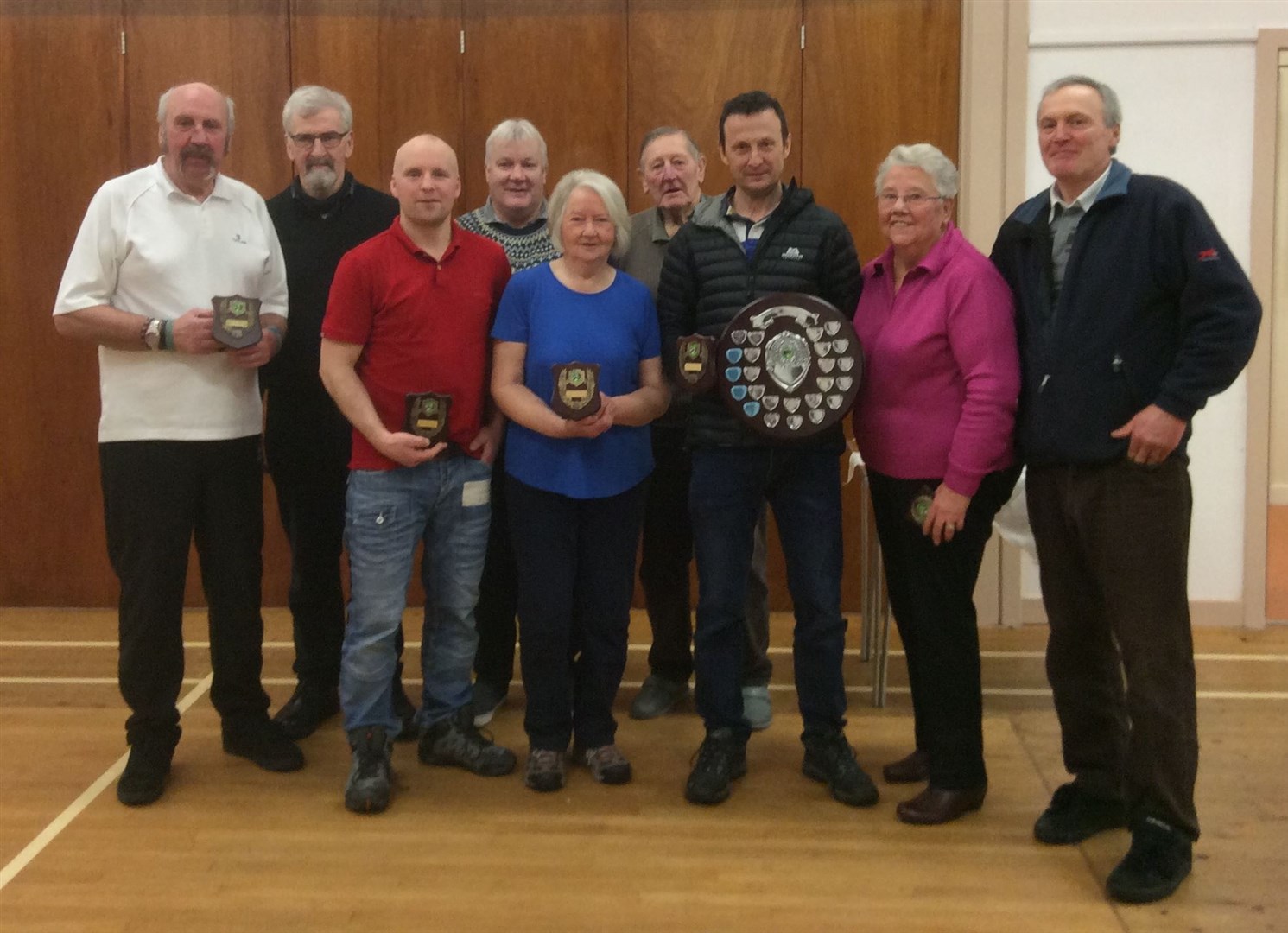 Finalists Dougie Milne, Colin Falconer, Isabell Sanderson, Peter Tinney (Cromdale), Jan Craib (Boat of Garten), Mick Lewis. (Back) James Whelan, James MacKenzie and Desmond Craib (Boat of Garten).