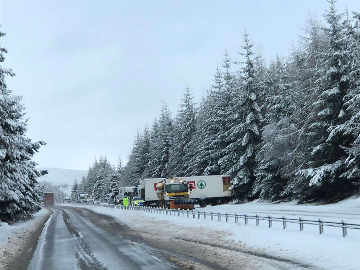 The jackknifed lorry on the A9 at Daviot