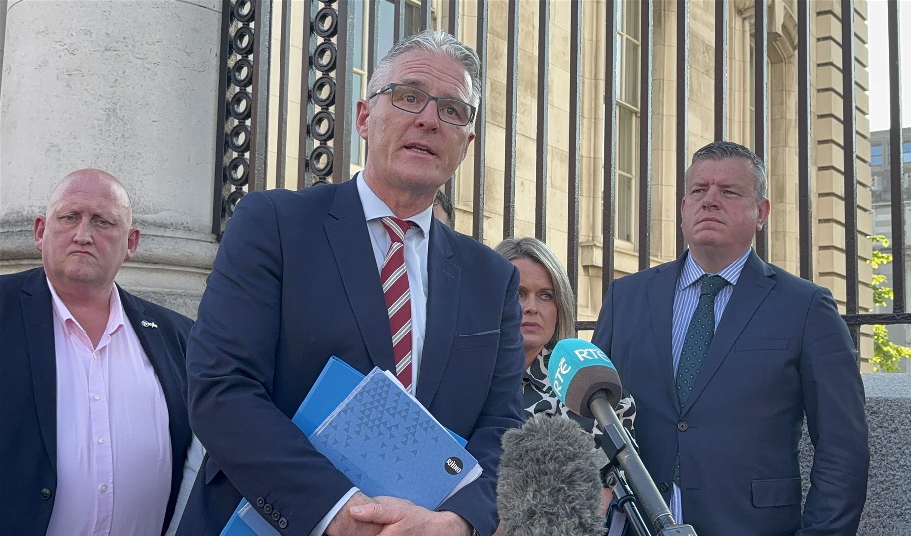 GAA president Jarlath Burns speaks to media in support of the family of Sean Brown following a meeting with Tanaiste Simon Harris at Government Buildings in Dublin on Monday (Rebecca Black/PA)