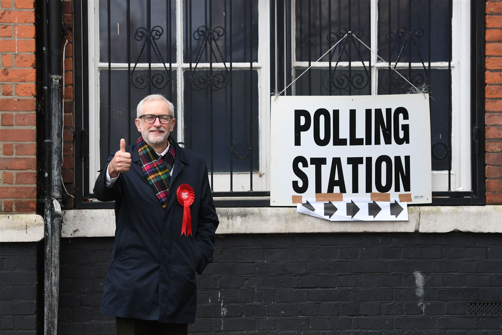 Jeremy Corbyn gives a thumbs- up after casting his vote in the 2019 general election (Joe Giddens/PA)