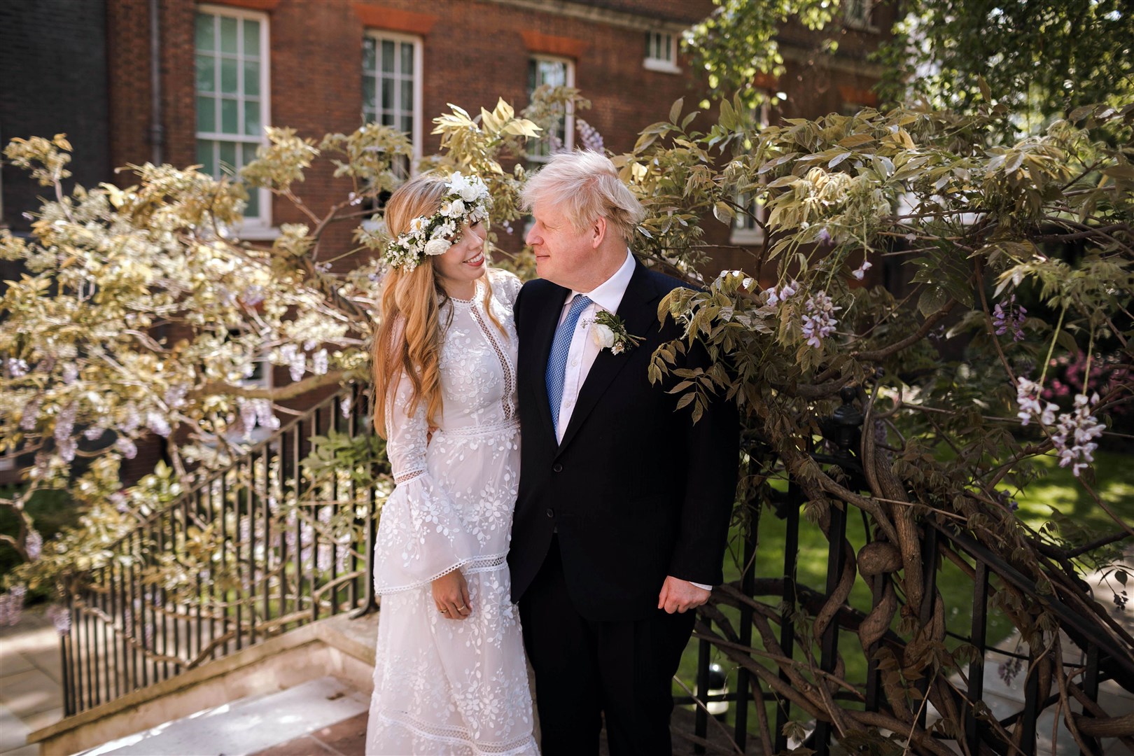 Prime Minister Boris Johnson and Carrie Johnson in the garden of 10 Downing Street after their wedding on Saturday (Rebecca Fulton/Downing Street/PA)