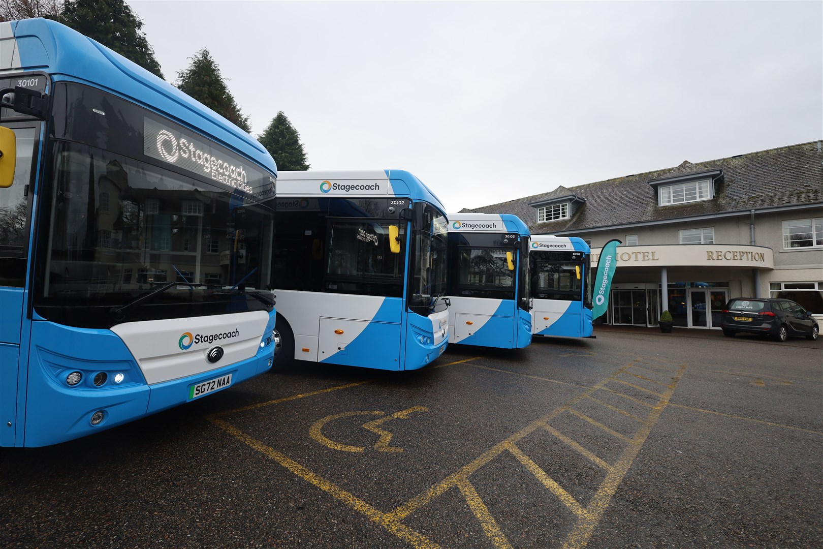 Electric Stagecoach buses outside the Drumossie Hotel at the Inverness launch. Picture: James Mackenzie.