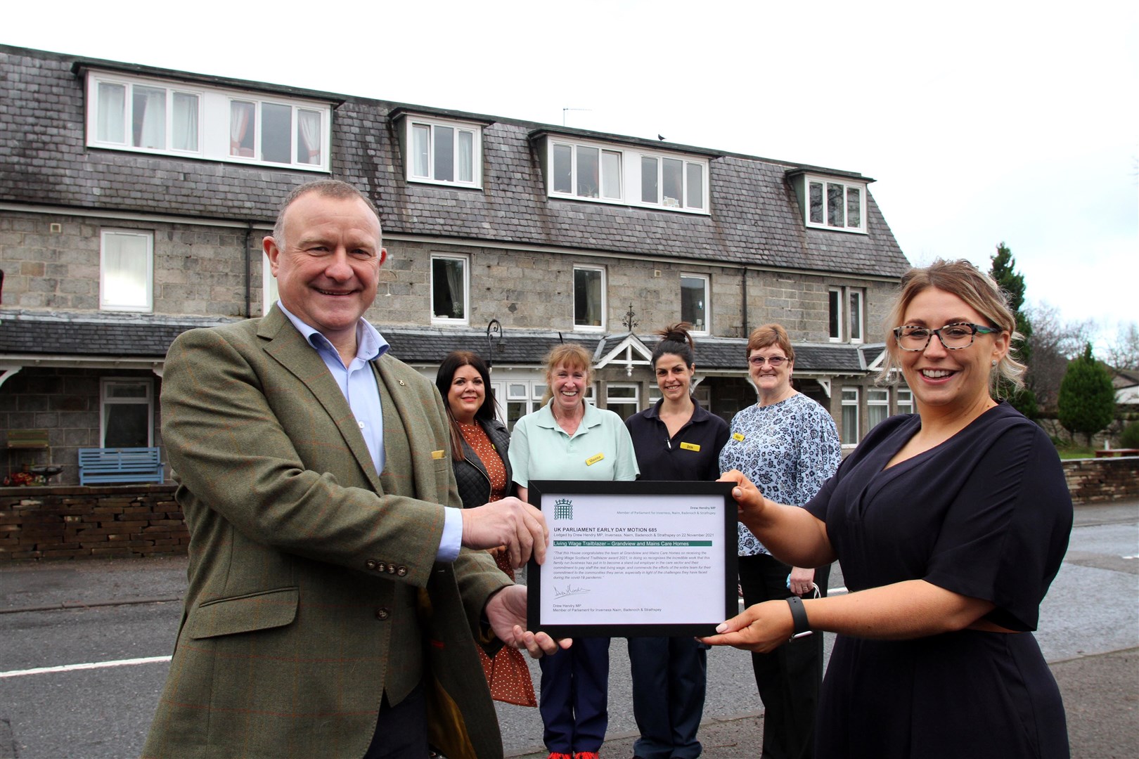 Drew Hendry MP presented the Mains House, Newtonmore with a special award in November for leading the way on equal pay for care home employees