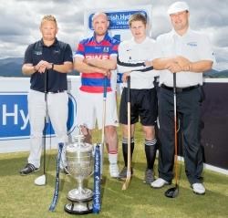 From left: Callum Macaulay, Craig Dawson, Drew Howie and Chris Doak join forces at the Camanachd Cup quarter-final draw.
