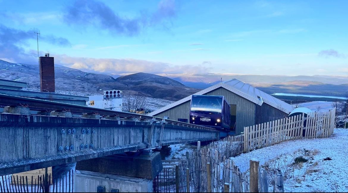 The Cairngorm funicular emerges from the Base Station after nearly 18 months. Picture: CMSL.
