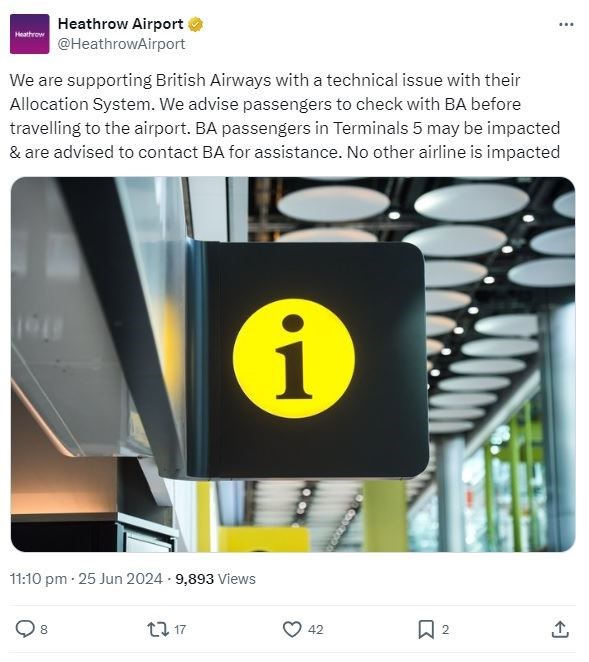 Heathrow Airport confirming the disruption to BA baggage on Tuesday evening.