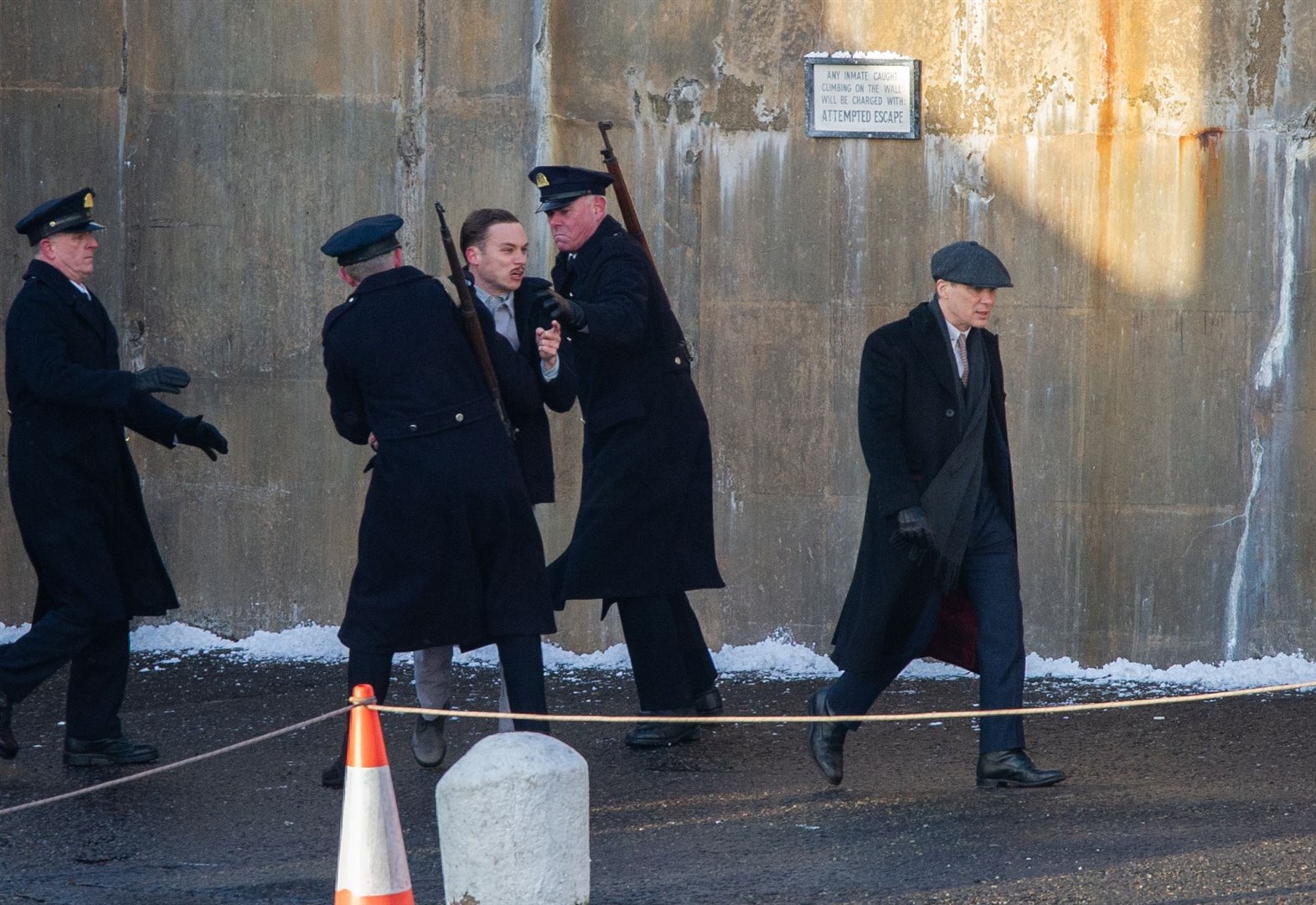 Michael Gray (Finn Cole) and Thomas Shelby (Cillian Murphy) film a scene. ..Picture: Daniel Forsyth..