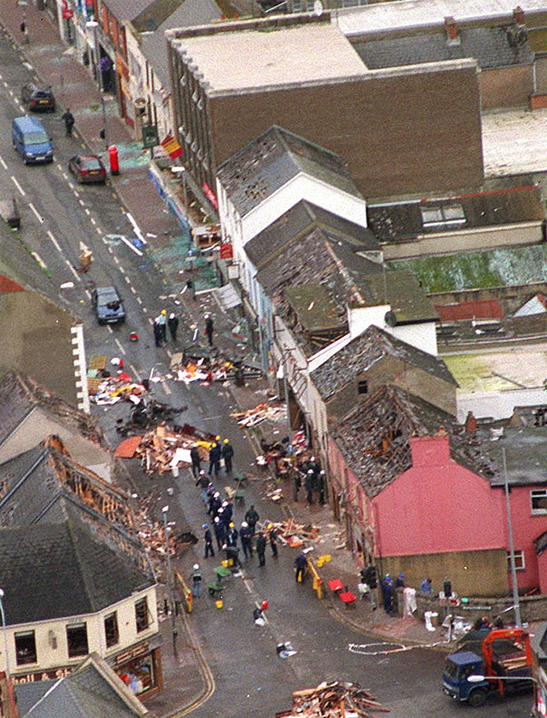 The devastation caused in Omagh when a terrorist bomb was detonated at the junction of Market Street and Dublin Road (PA)