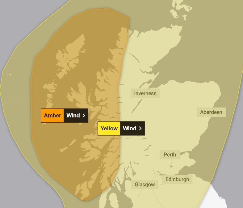 Amber and yellow warnings will be in force on Sunday. The yellow warning will continue into Monday morning across northern Scotland only.