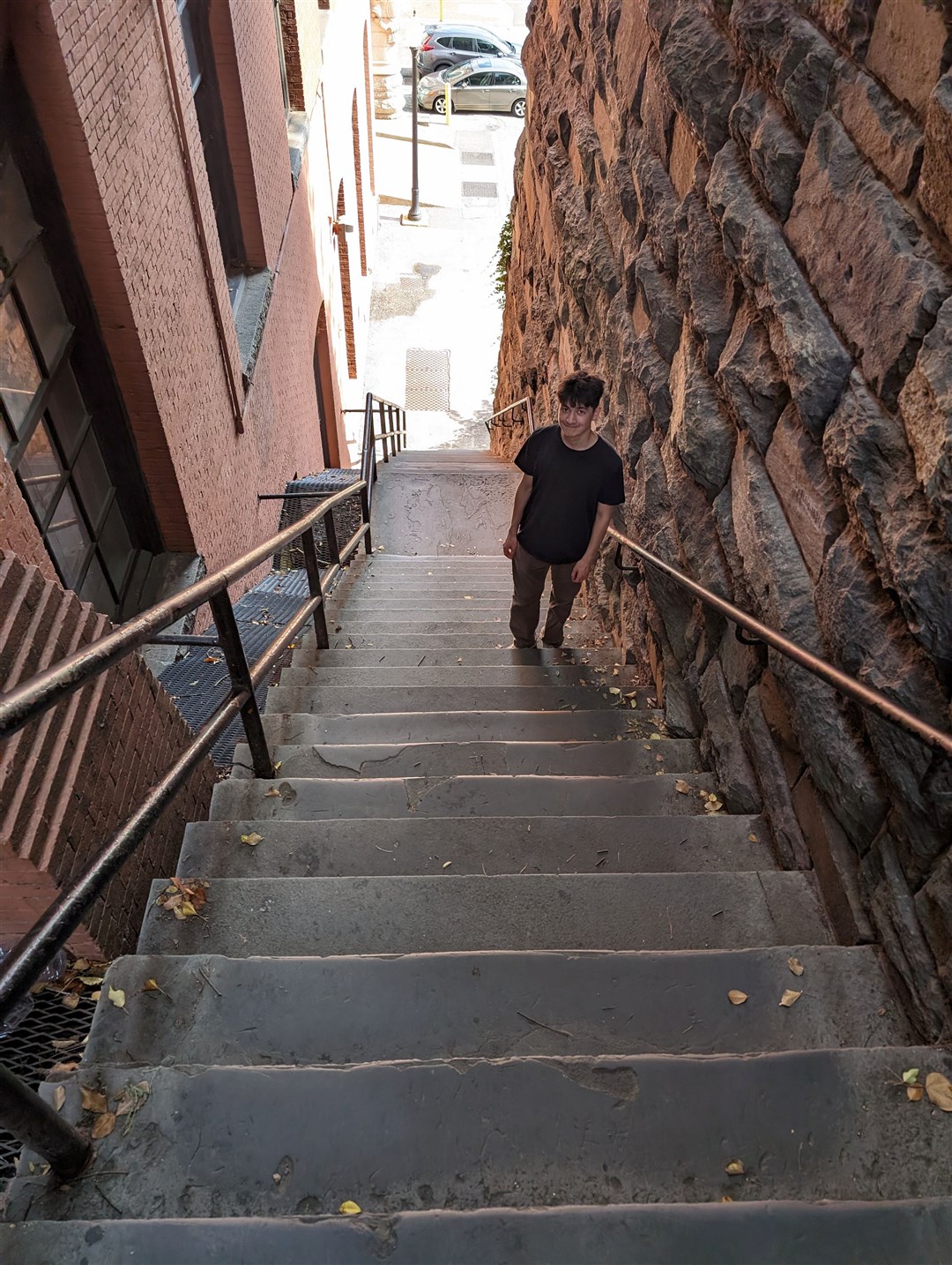 Michael makes his way up the Exorcist Steps - carefully. Picture: Hector Mackenzie