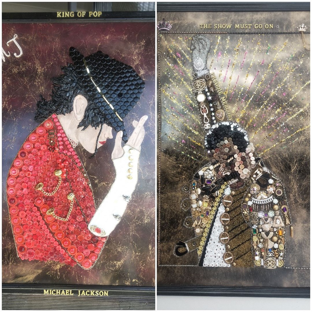 Mrs Harrex’s button versions of Michael Jackson and Freddie Mercury (Sharyn Harrex/PA)