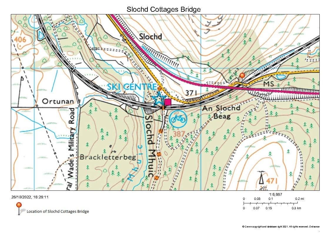 The orange pin shows the site of the bridge closure at Slochd Cottages. The crossing remains open to pedestrians and other users.