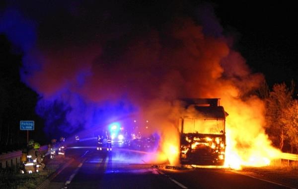 The lorry on fire earlier this morning