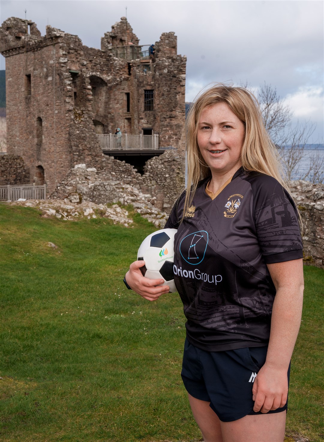 Clachnacuddin's Morven Macdonald at Urquhart Castle for the launch of the 2025 Highlands and Islands League season.