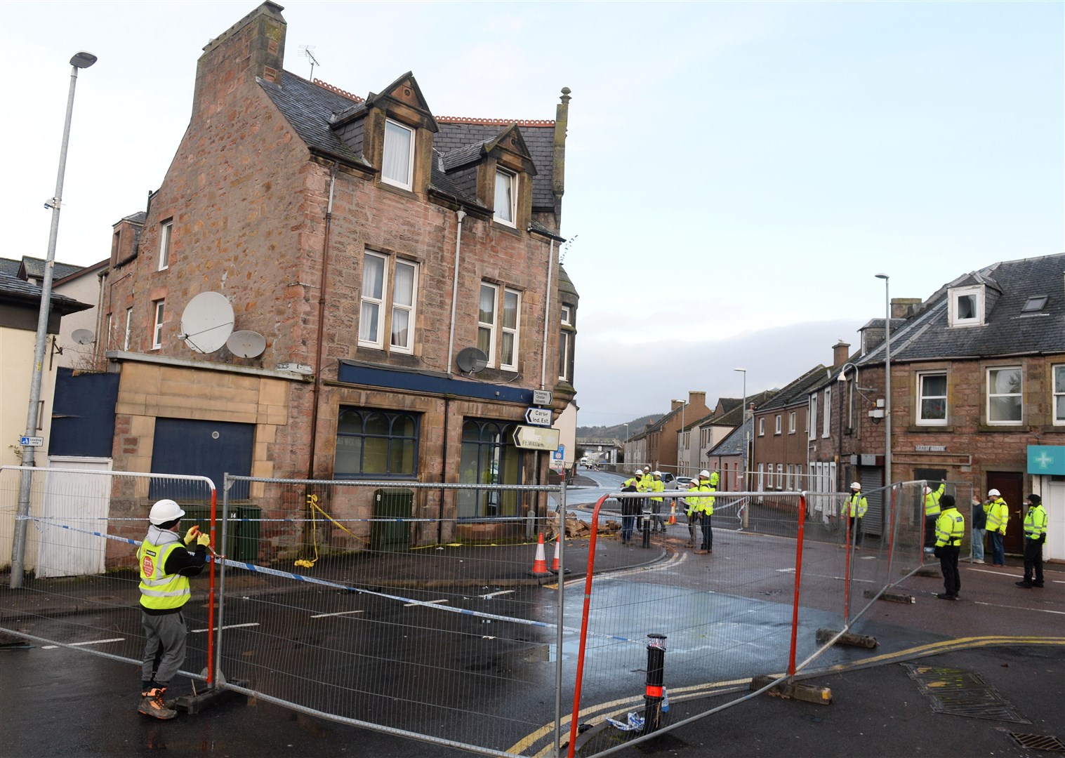 Damaged building following RTC on Grant Street as car hits former William Hill on junction with Lochalsh Road on Thursday night..Picture HN&M staff..