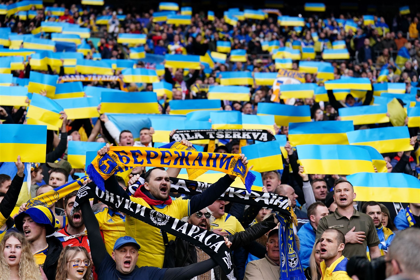 Ukraine fans in the stands hold up flags (Zac Goodwin/PA)
