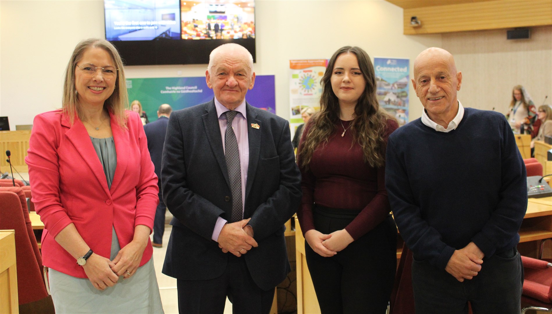 Assistant chief executive Kate Lackie (far left) who oversees education with education chairman John Finlayson (far right), also pictured Cllr Drew Millar and Highland Youth Convener Lauren McKittrick,