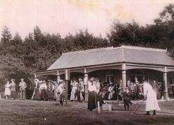 Ladies teeing off in front of the old clubhouse at Kingussie Golf Club in 1905