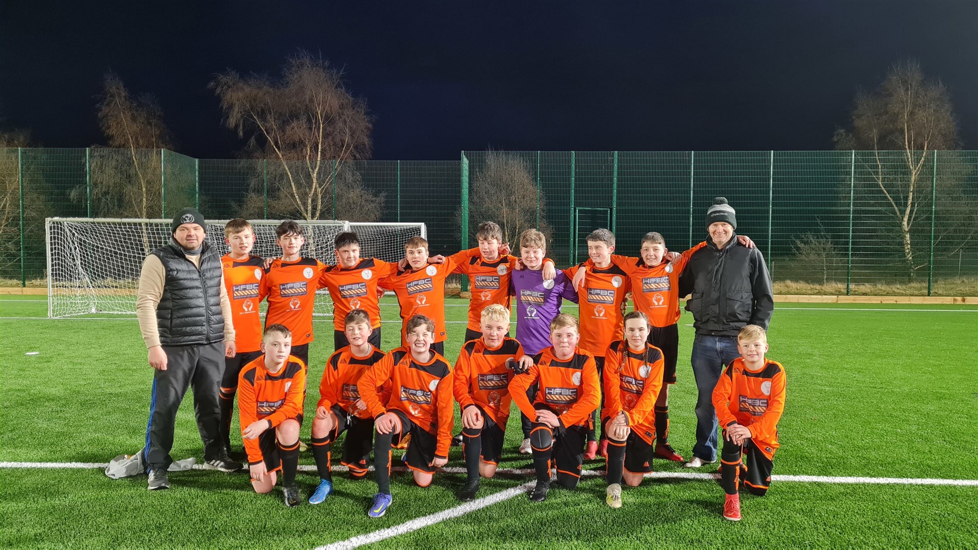 Strathspey Rovers U14 squad with coaches John Paterson and Andrew MacLeod.