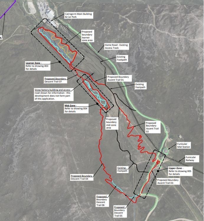 A map showing the proposed three interlinked mountain biking zones and trails at Cairngorm Mountain.
