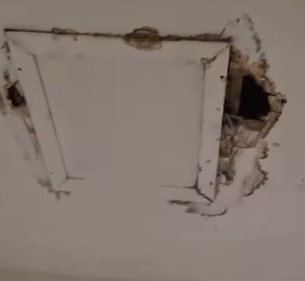 HOLE LOT OF TROUBLE: The plaster and struts around the ceiling trap door have rotted. Now buckets have to be kept out to catch any rain when it comes in.‘Now where is that leak...?” Aerial picture: Sandrone