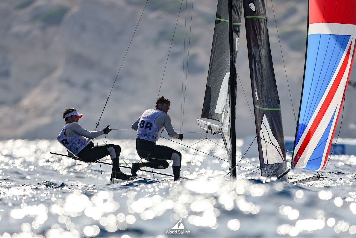 Fynn Sterritt and James Peters' medal hopes took a dent yesterday after a disappointing result in race 10 but the pair will fight to the very end. Picture: World Sailing.