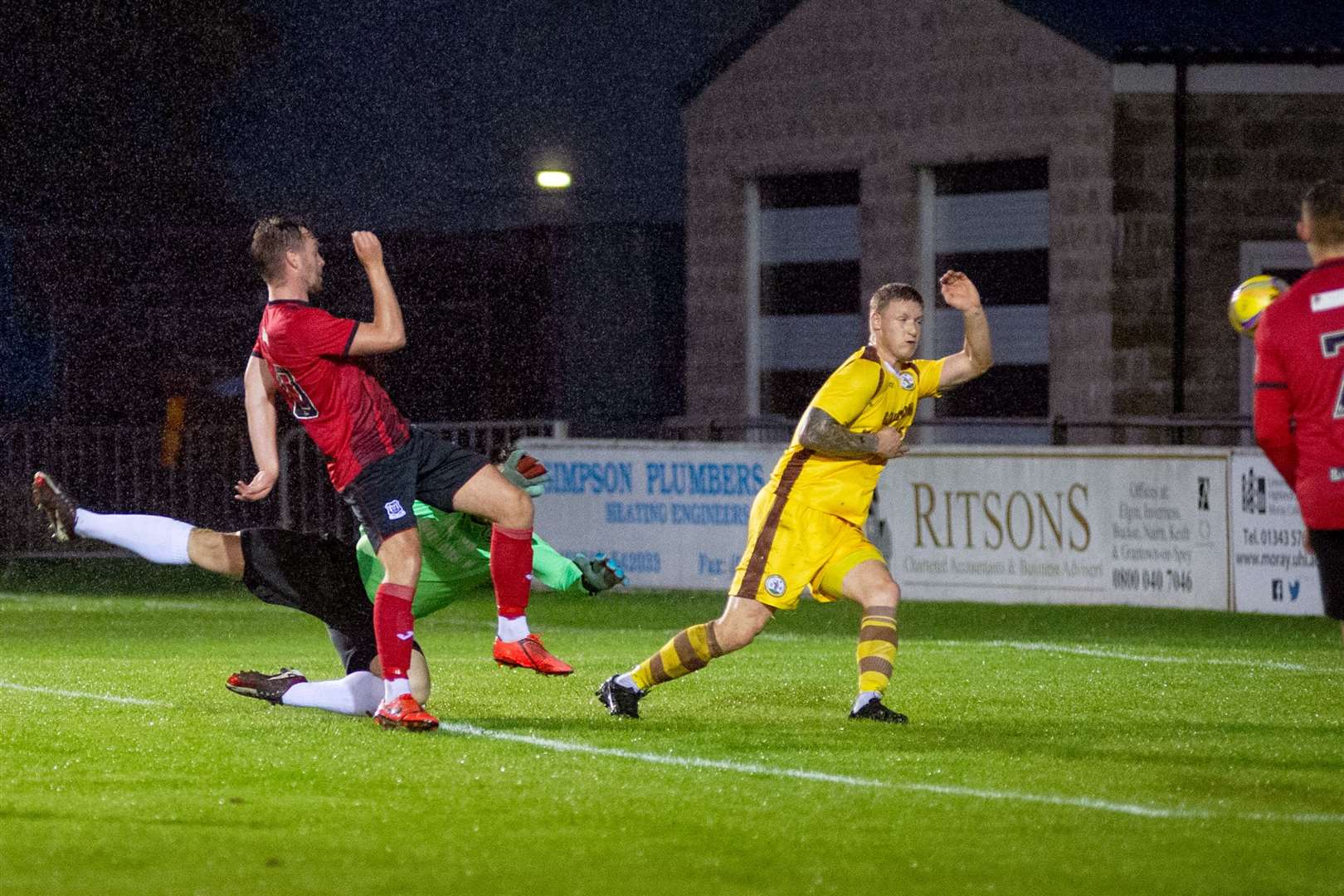 A simple finish for Josh Peters makes it 2-0 to Elgin City as he fires past Stuart Knight and Graham Fraser. ..Elgin City FC (4) vs Forres Mechanics FC (1) pre-season friendly match at Borough Briggs, Elgin 15/09/2020...Picture: Daniel Forsyth..
