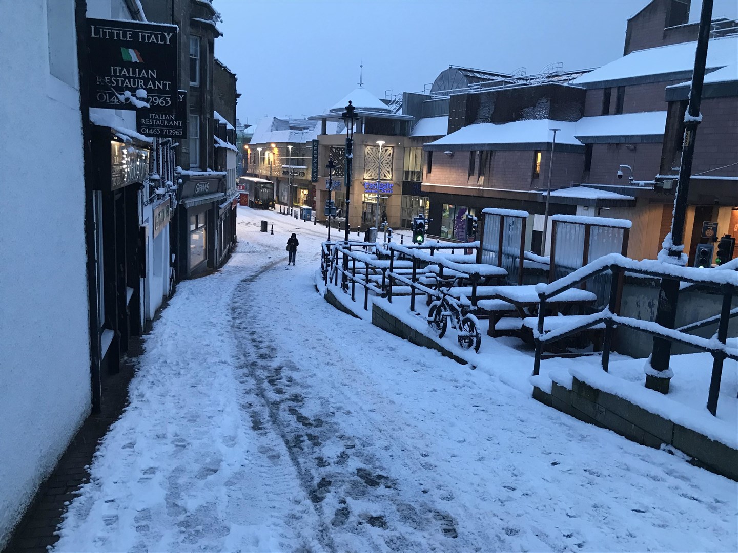 Snow in Inverness city centre.