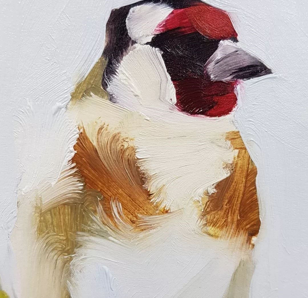 The paint strokes bring real texture to this Goldfinch's feather.