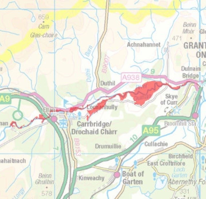 The area affected by the flood warning on the River Dulnain. Picture: Sepa.