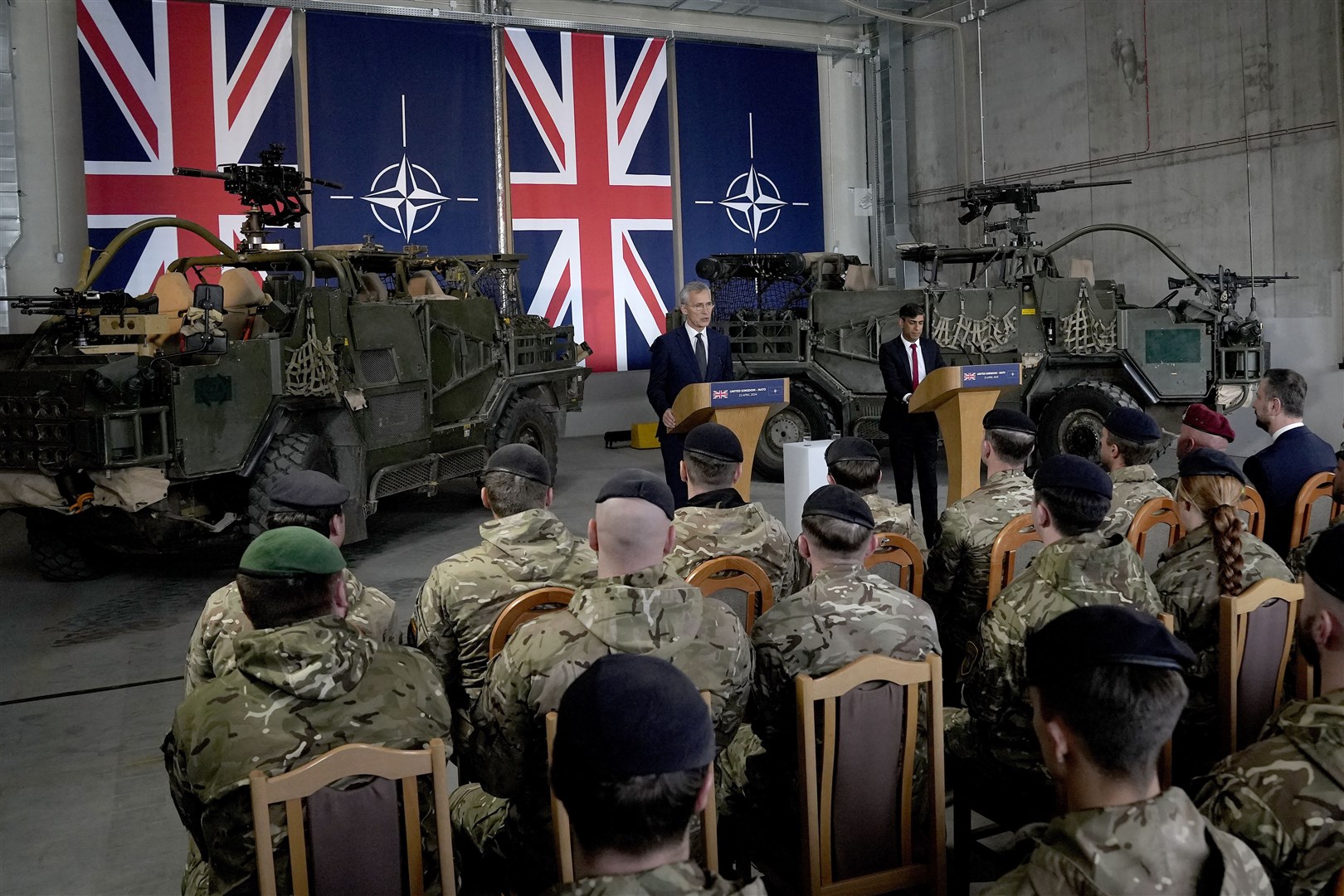 Prime Minister Rishi Sunak appeared alongside Nato’s Jens Stoltenberg to make the spending commitment at a military base in Warsaw (Alastair Grant/PA)