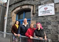 From left are trust members Highland Councillor Jaci Douglas; Grantown Community Councillor Jim Beveridge; Ann Hadley and chairperson Bridget Trussell outside Grantown's YMCA building