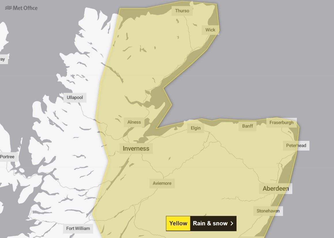 The Met Office yellow warning for rain and snow takes effect on Tuesday. Photo: Met Office