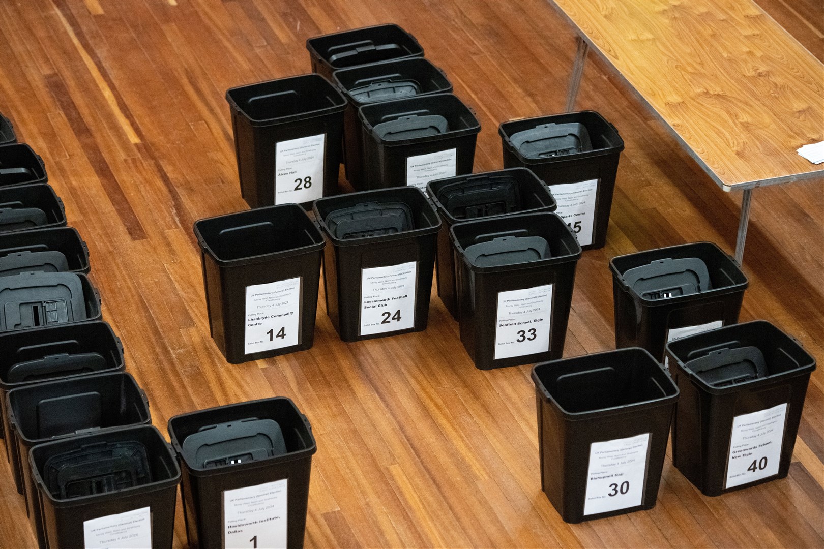 Empty boxes at the count.Moray West, Nairn and Strathspey Election Count at Elgin Town Hall. Picture: Daniel Forsyth.