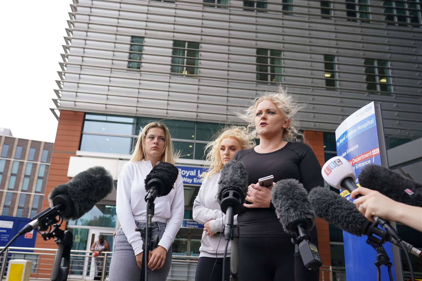 Archie Battersbee’s mother, Hollie Dance (right) speaks to the media outside the Royal London Hospital (Dominic Lipinski/PA)