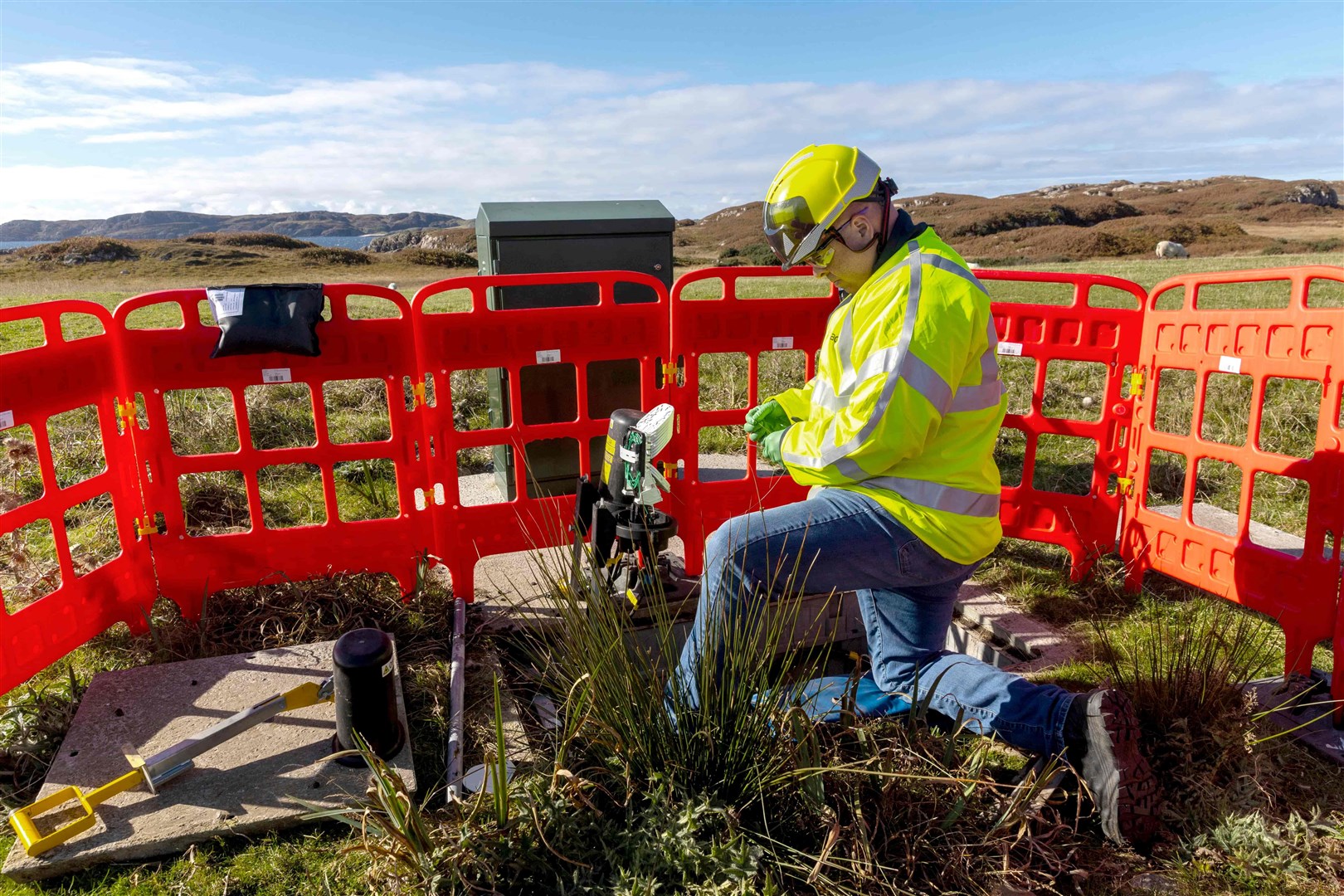 An engineer at work on Mull.